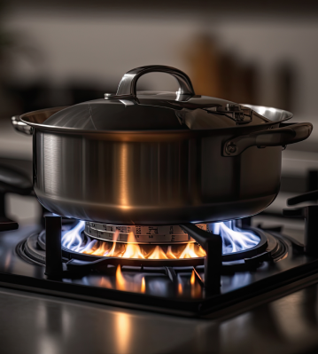 Panela de inox no fogão aceso com gás GLP.