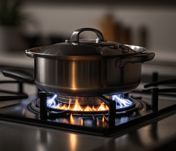 Panela de inox no fogão aceso com gás GLP.